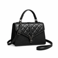 Black quilted top-handle handbag with dark clasp and long strap