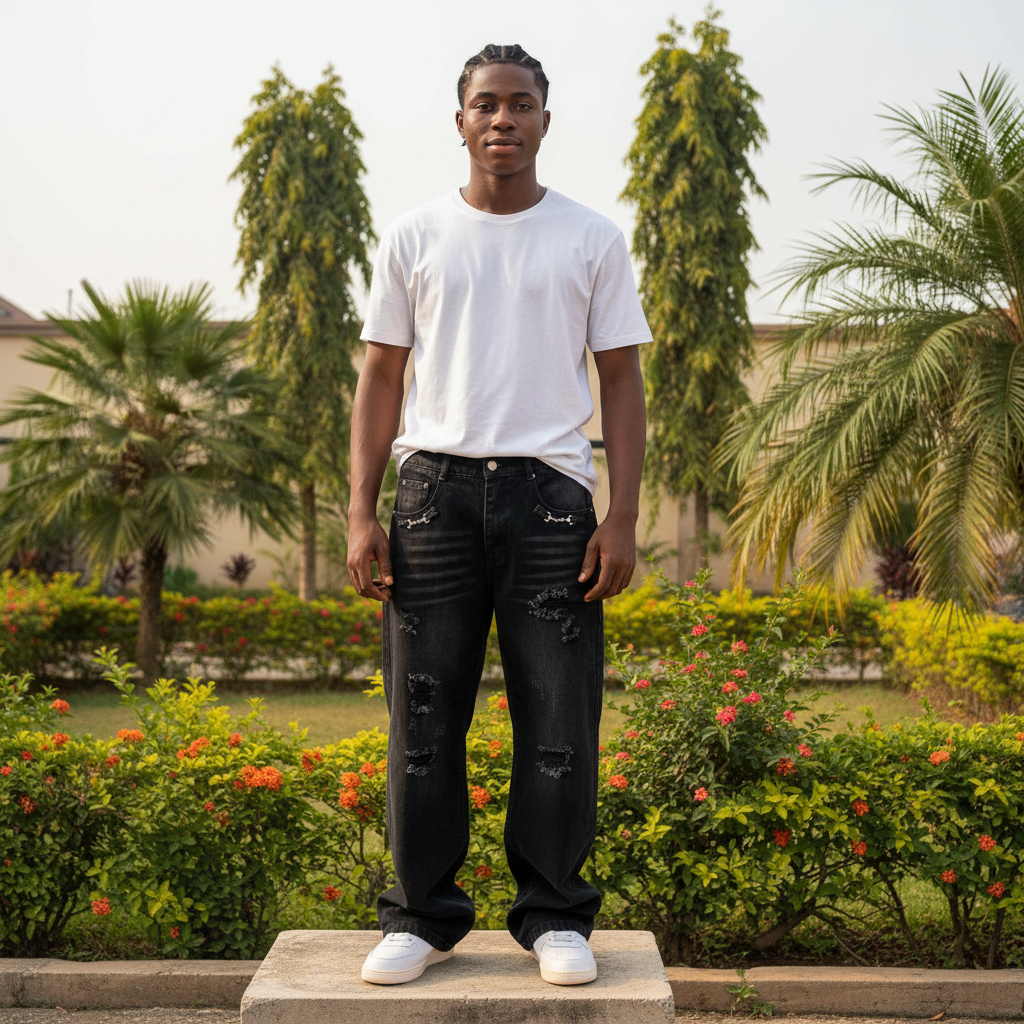 Nigerian male model full body wearing men's black washed floral embroidered wide-leg baggy denim jeans