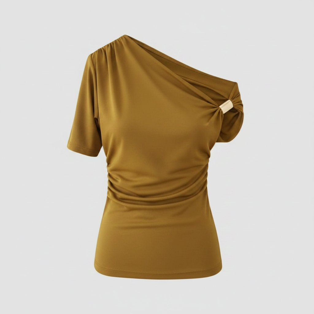 KC Store Asymmetric Off-Shoulder Ruched Top - Mustard Ghost Mannequin