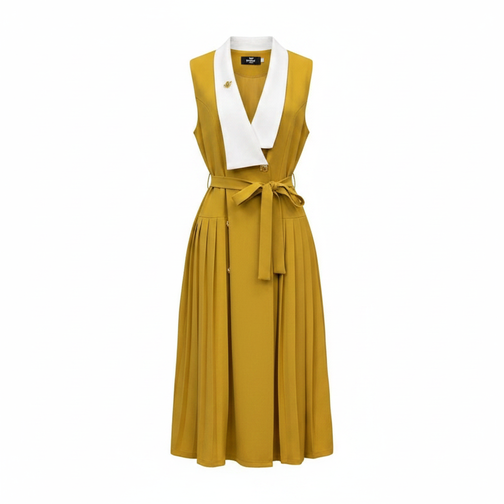 Women's sleeveless white-collar belted pleated midi dress in mustard yellow – ghost mannequin front view