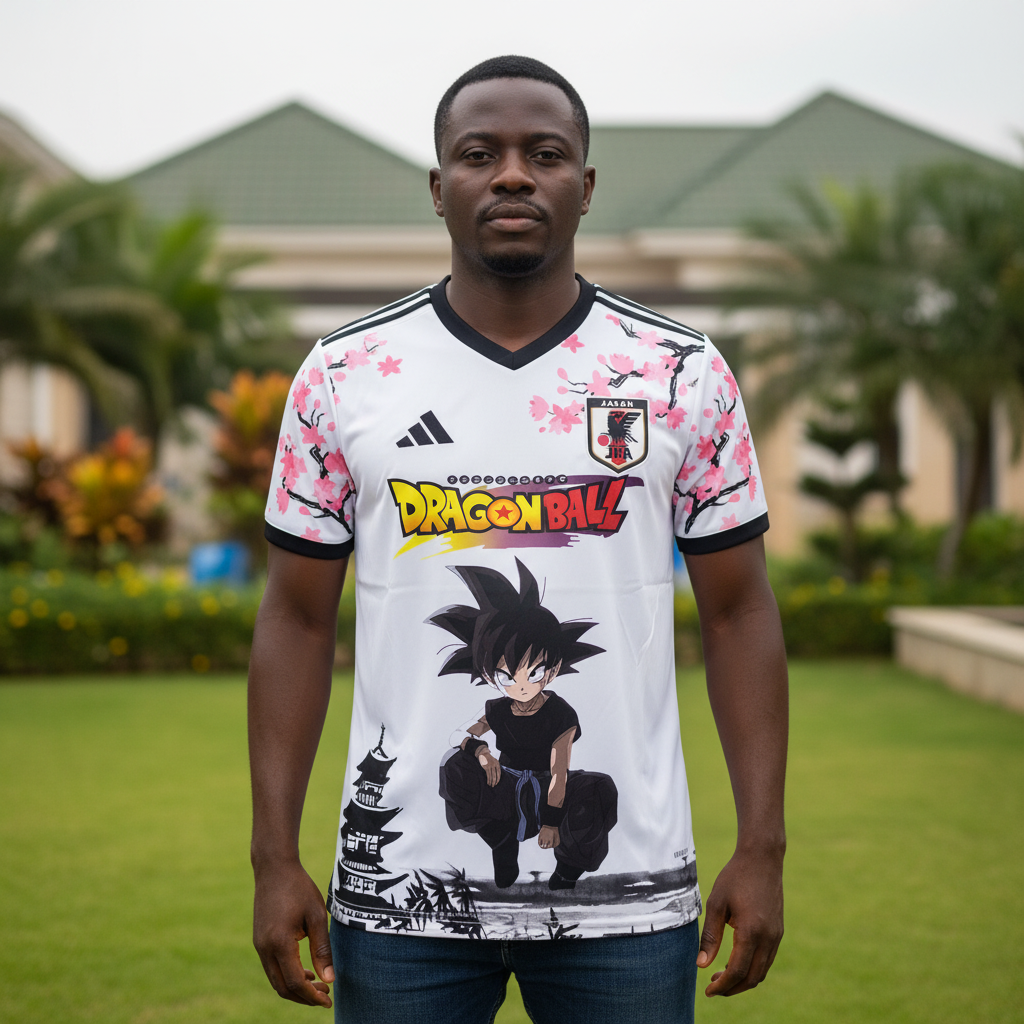 White anime cherry blossom graphic football jersey on Nigerian male model