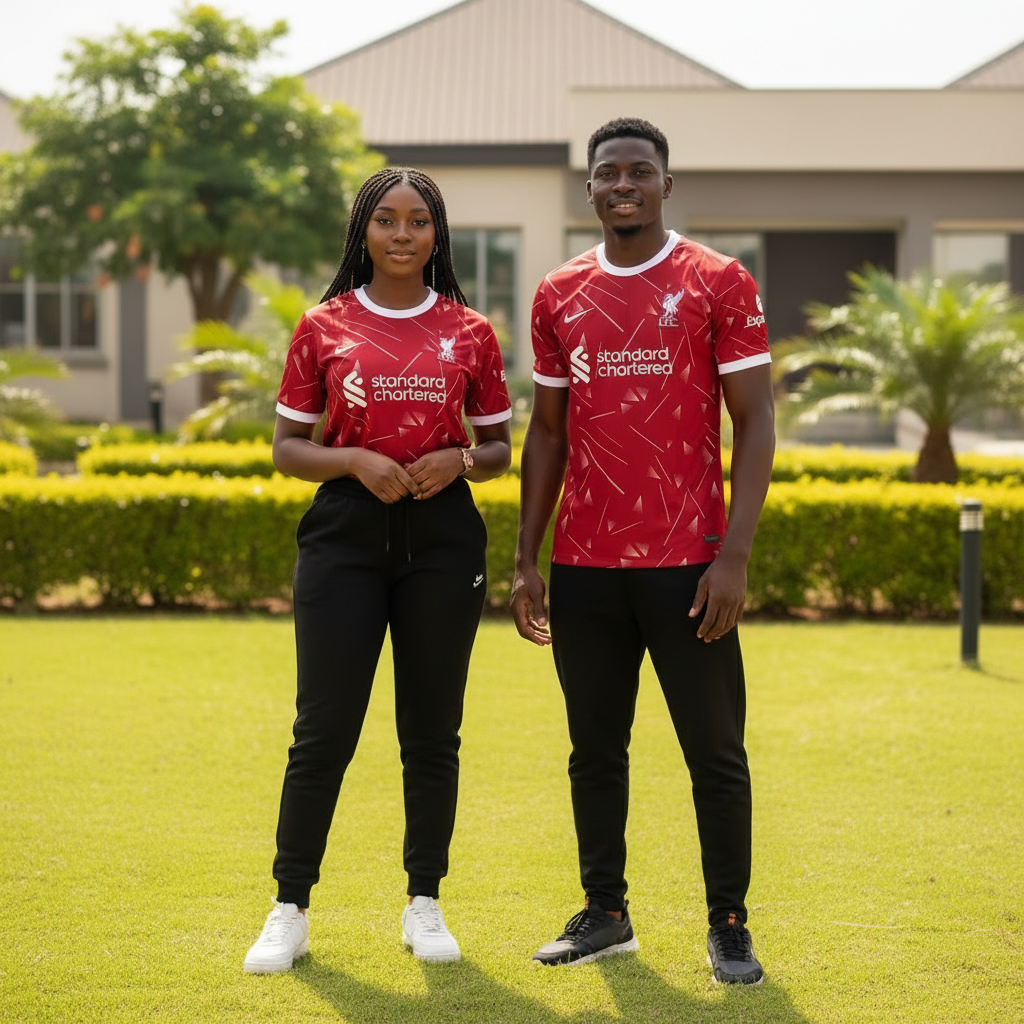 Crimson red geometric print football jersey — Nigerian male and female models