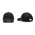 Plain black distressed baseball cap with frayed brim ghost mannequin front and rear-side view