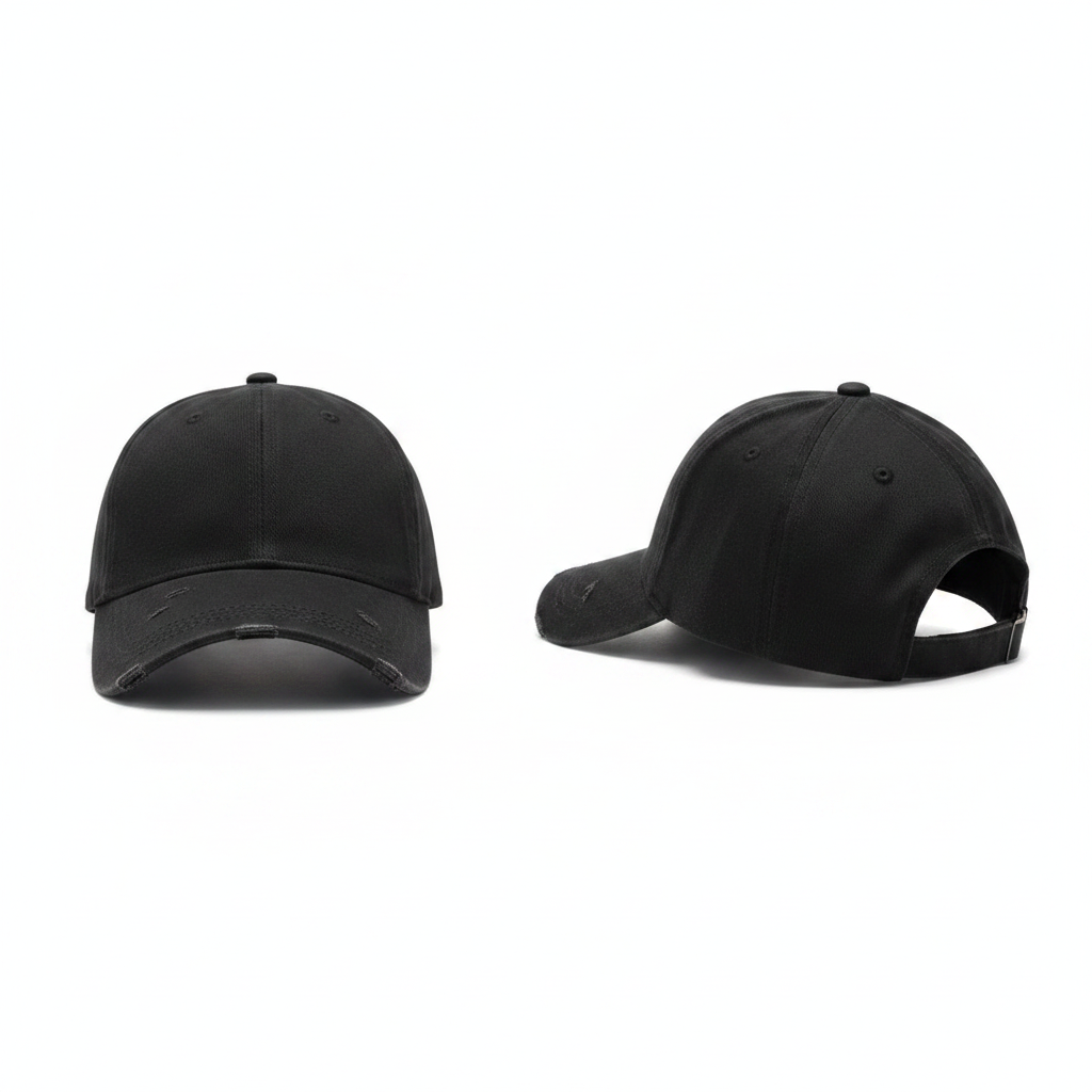 Plain black distressed baseball cap with frayed brim ghost mannequin front and rear-side view