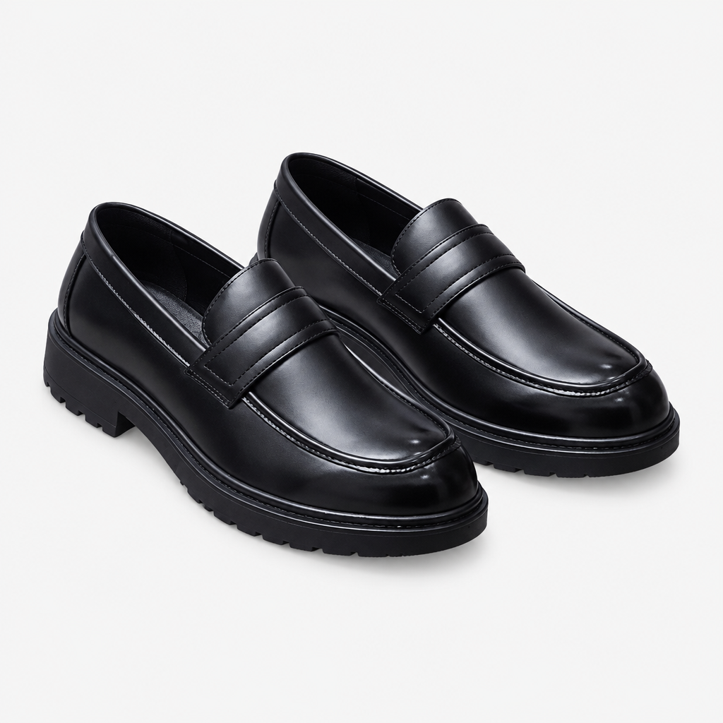 Black men's penny loafers with lug sole shown as a complete pair
