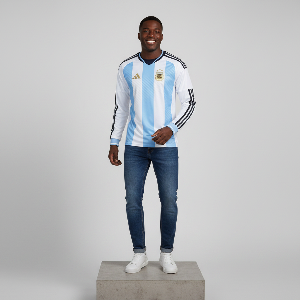 Nigerian male model wearing white sky blue stripe long sleeve football jersey on concrete plinth