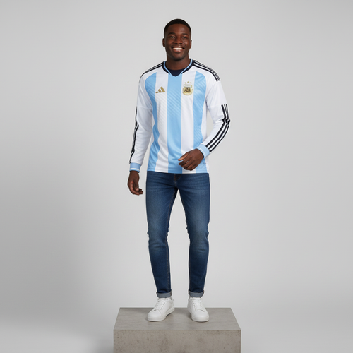 Nigerian male model wearing white sky blue stripe long sleeve football jersey on concrete plinth
