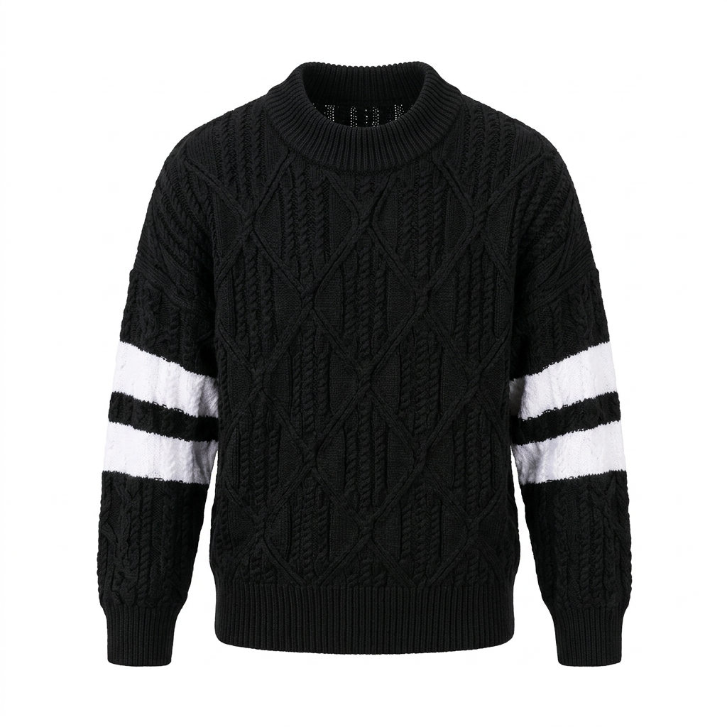Black cable-knit sweater with two white stripes on each sleeve on an invisible mannequin