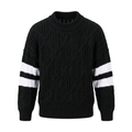 Black cable-knit sweater with two white stripes on each sleeve on an invisible mannequin