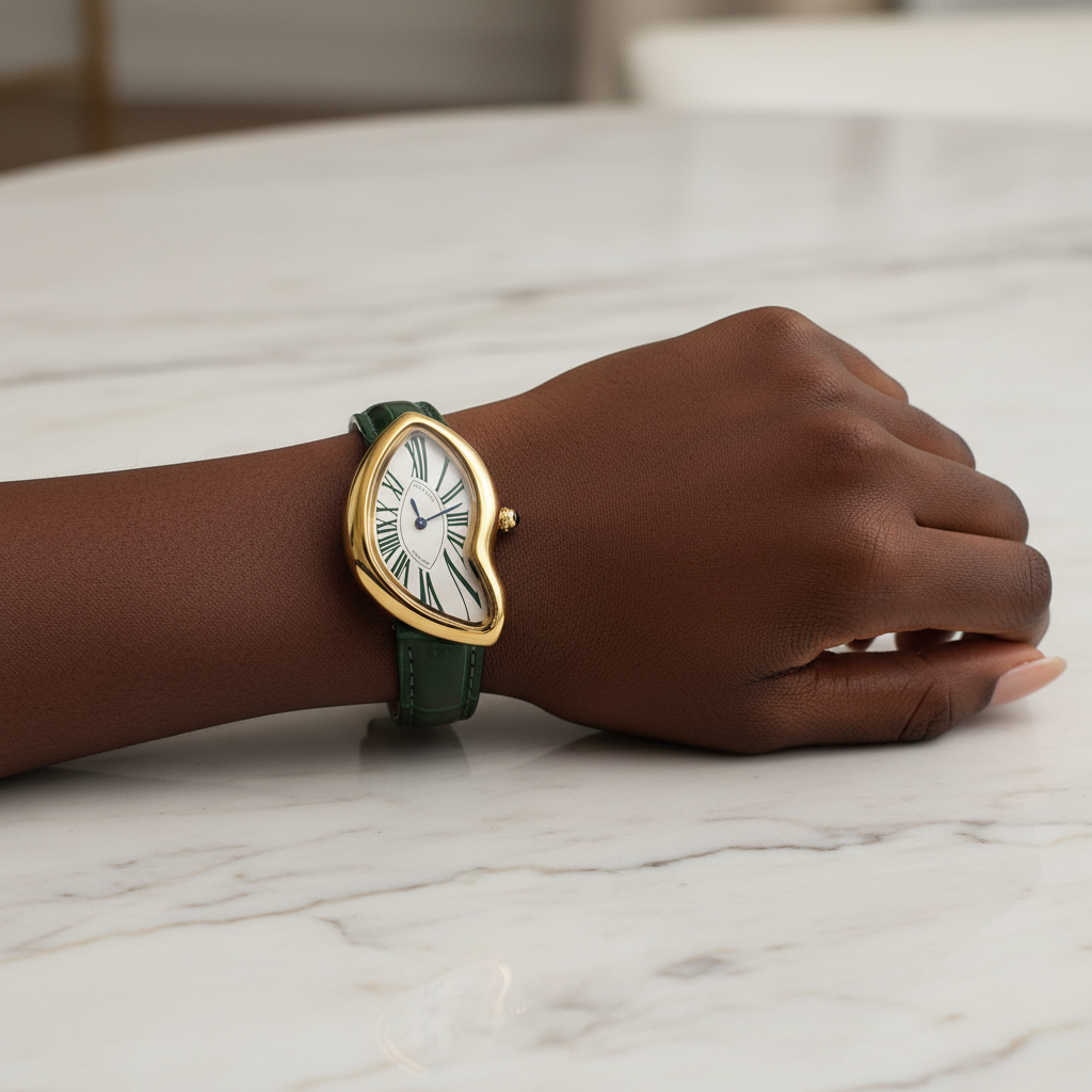 Black Nigerian woman wrist shot wearing asymmetric yellow gold watch with green strap
