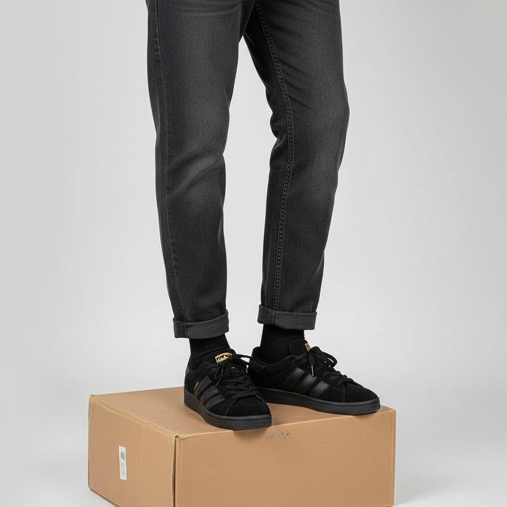 Men's triple black suede campus sneakers Nigerian male model leg shot