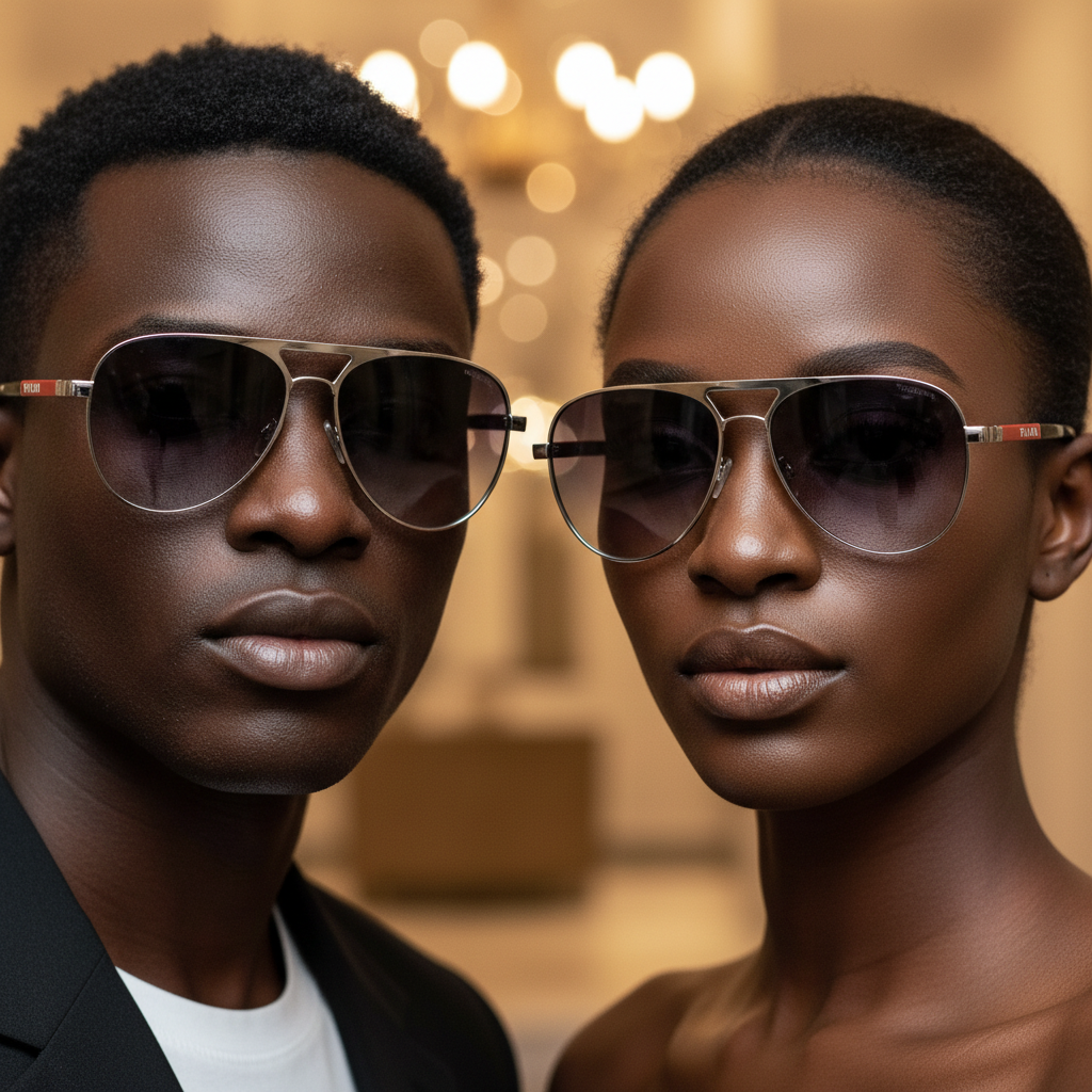 Nigerian male and female models wearing gradient grey aviator sunglasses with silver frame and red accent temples