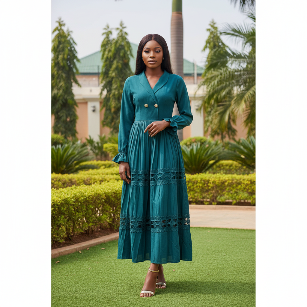 Women's teal long-sleeve ruffle cuff gold button cutwork lace panel midi dress - model shot