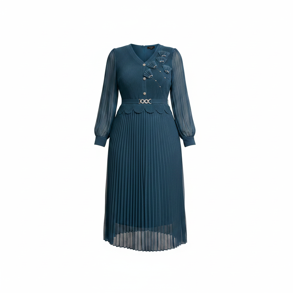 Teal pleated midi gown with sheer long sleeves, 3D floral appliqué and crystal belt, ghost mannequin view