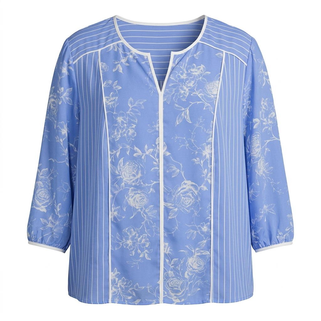 Blue floral and striped split-neck blouse on an invisible mannequin