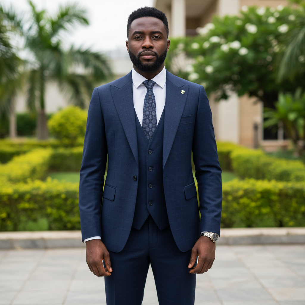 Nigerian male model wearing deep navy blue peak lapel three-piece suit