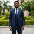 Nigerian male model wearing deep navy blue peak lapel three-piece suit