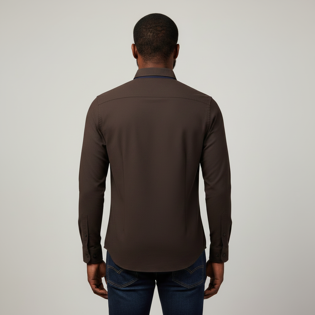 Nigerian adult male model wearing Dark Brown Long Sleeve Shirt – Back View