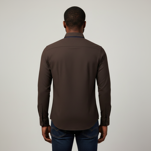 Nigerian adult male model wearing Dark Brown Long Sleeve Shirt - Back View