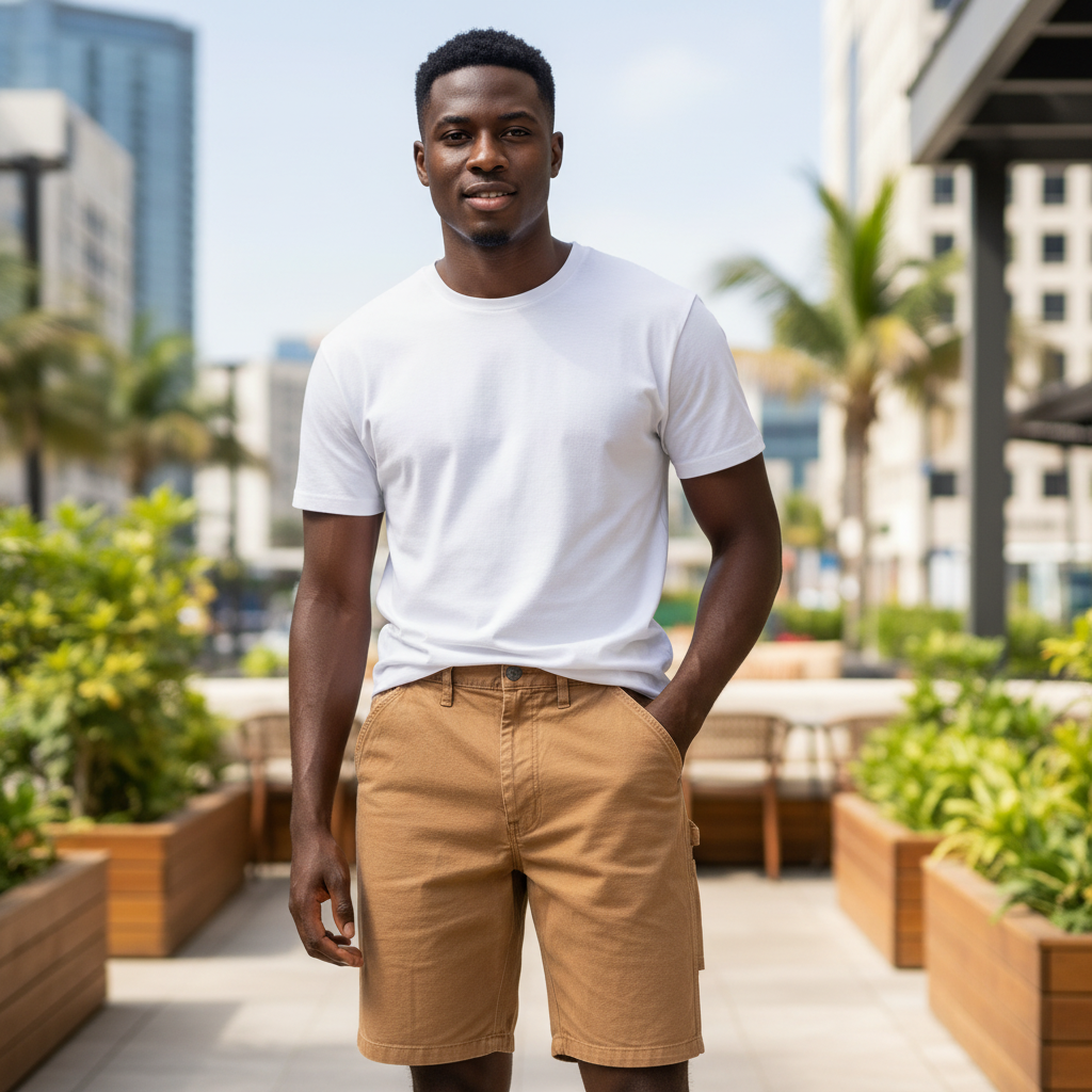 Young Nigerian male model wearing tan washed canvas carpenter shorts