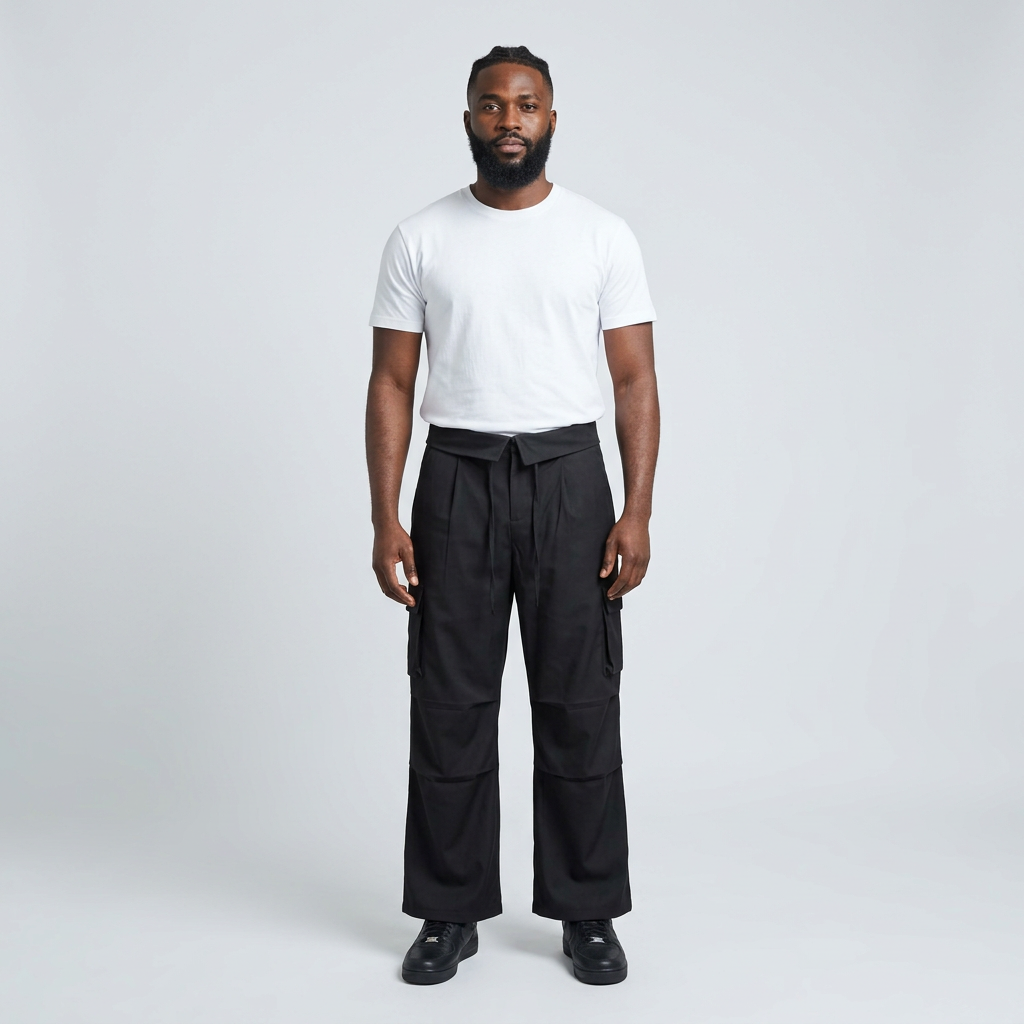 Full-body male model wearing black wide-leg cargo trousers