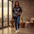 Rhinestone Butterfly Print Oversized T-Shirt – Model Shot Black