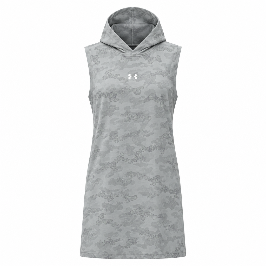 Grey camouflage sleeveless hooded top on an invisible mannequin