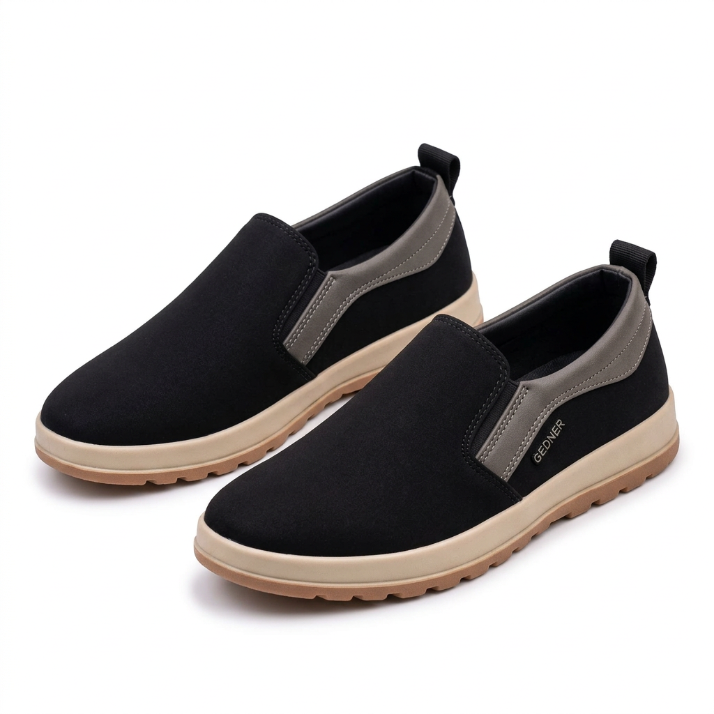 Black slip-on shoe pair with grey trim on white