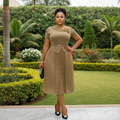 Women's Champagne Gold Floral Brooch Peplum Pleated Midi Gown - Nigerian Female Model