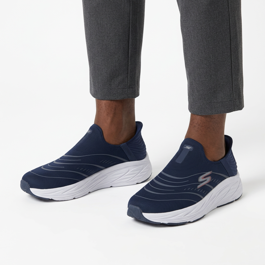 Both navy mesh slip-on sneakers worn with charcoal trousers on white