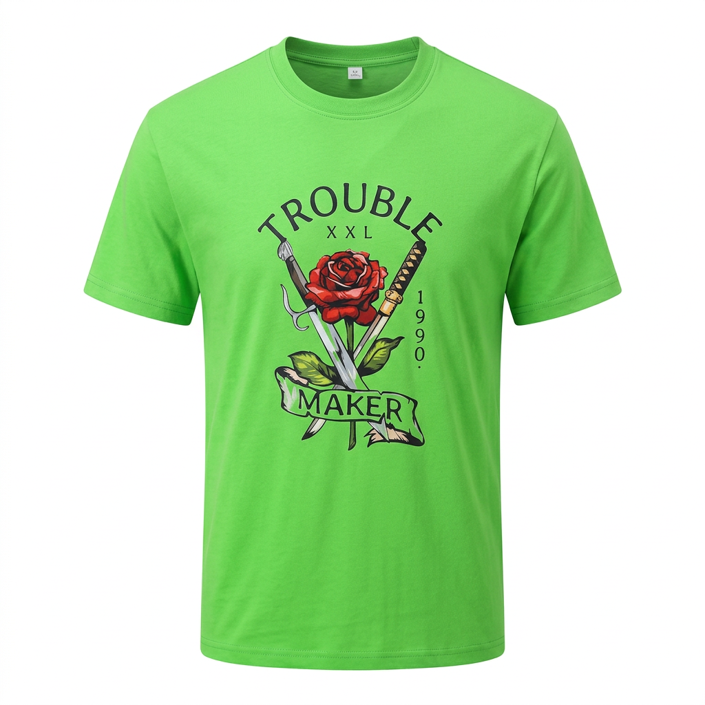 Green rose graphic crew-neck T-shirt shown in ghost mannequin style