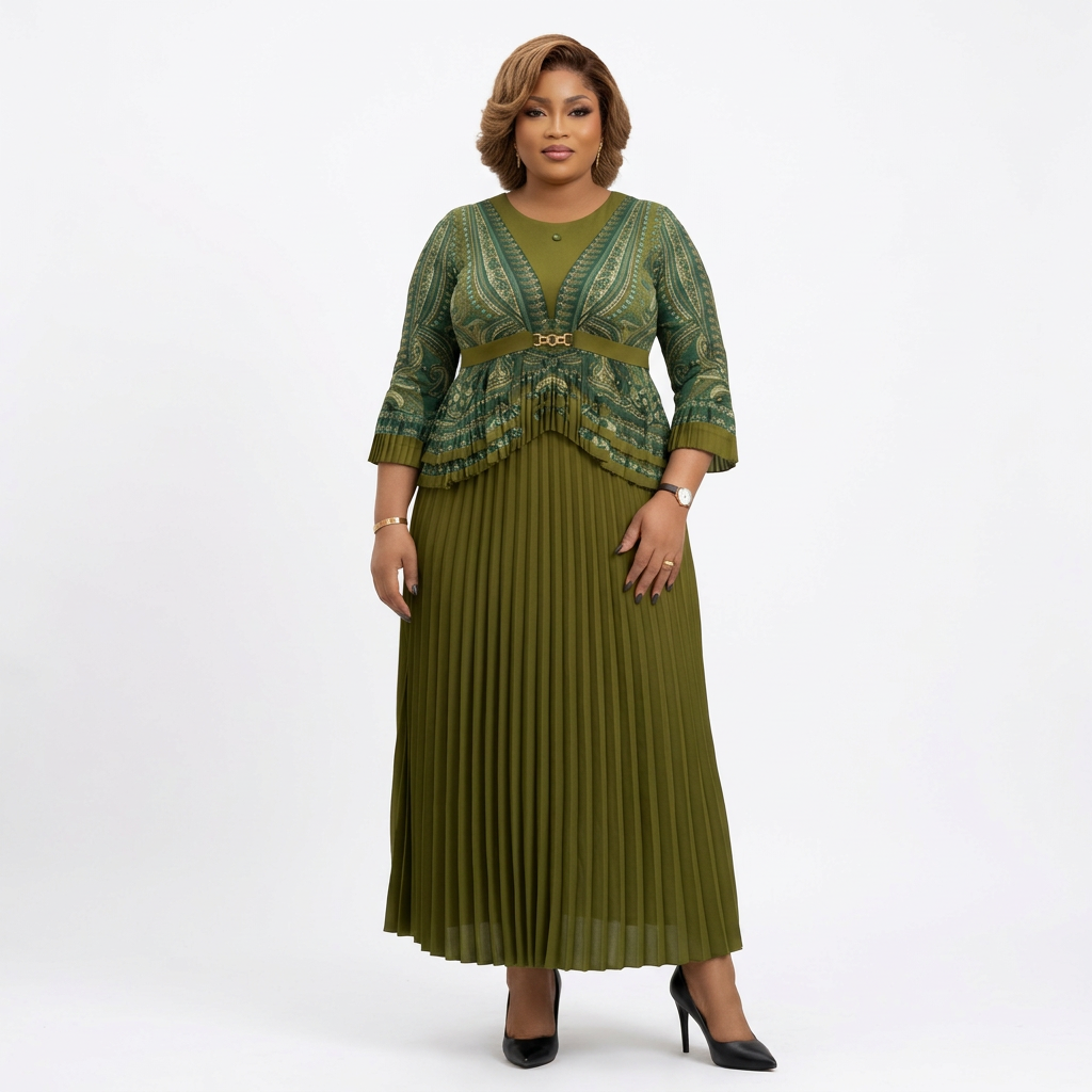 Black adult model wearing an olive patterned top and pleated maxi skirt set