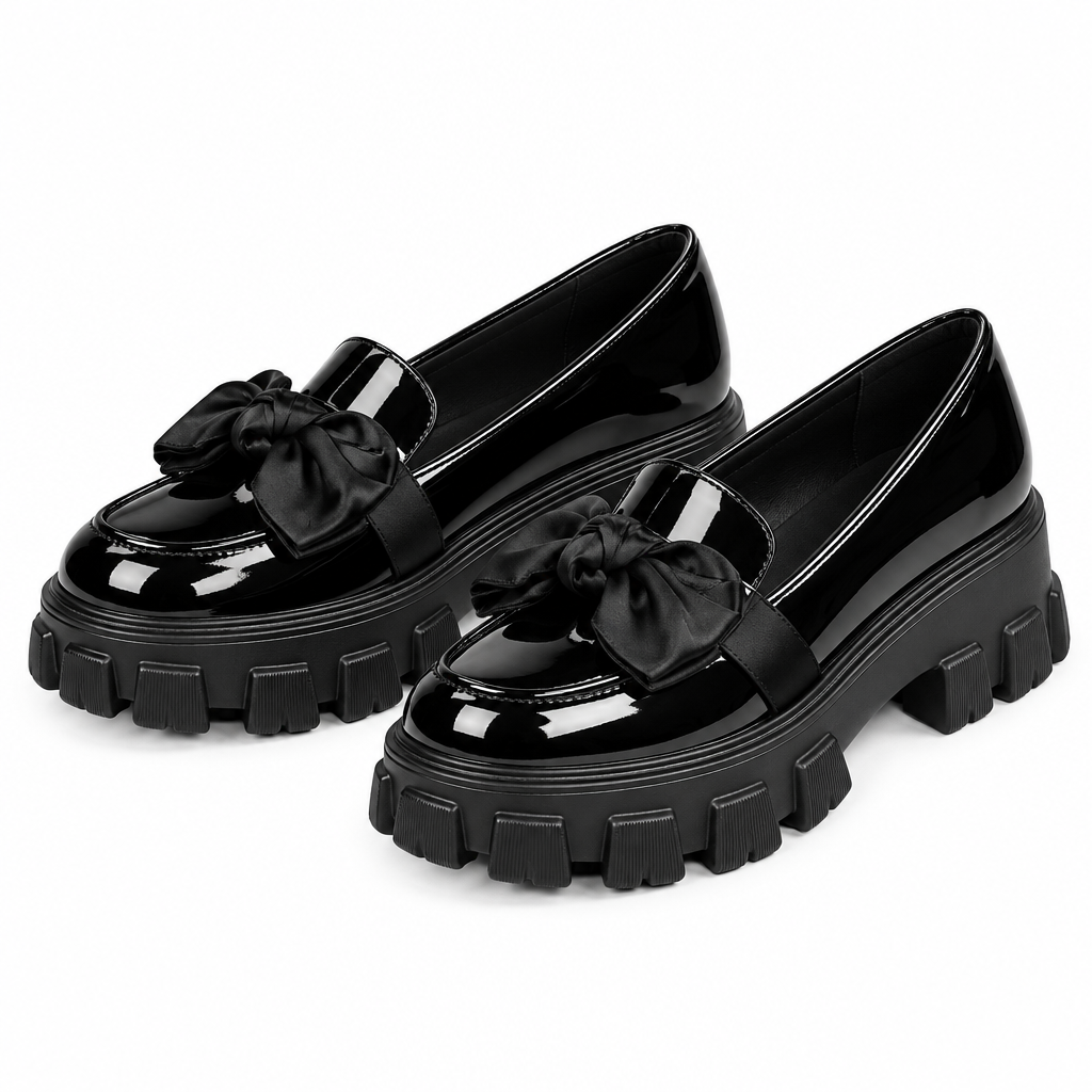 Patent Bow Platform Loafer – Black, Both Shoes