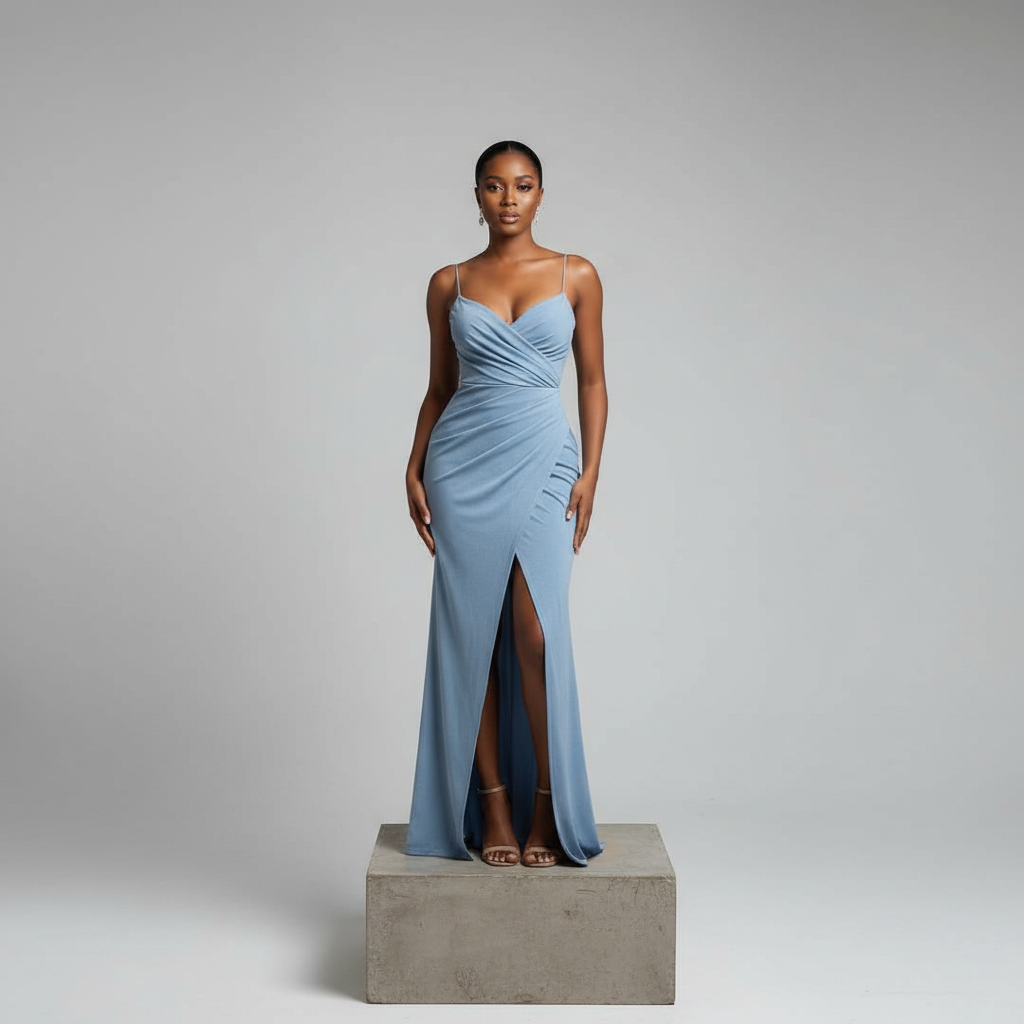 Steel Blue Spaghetti Strap Ruched Maxi Gown - Model Shot