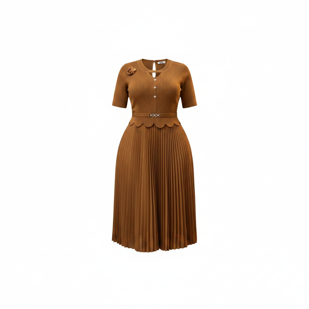Women's Scallop-Hem Peplum Pleated Midi Dress - Ghost Mannequin Caramel