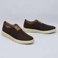 Men's dark brown woven slip-on sneakers, front and side view