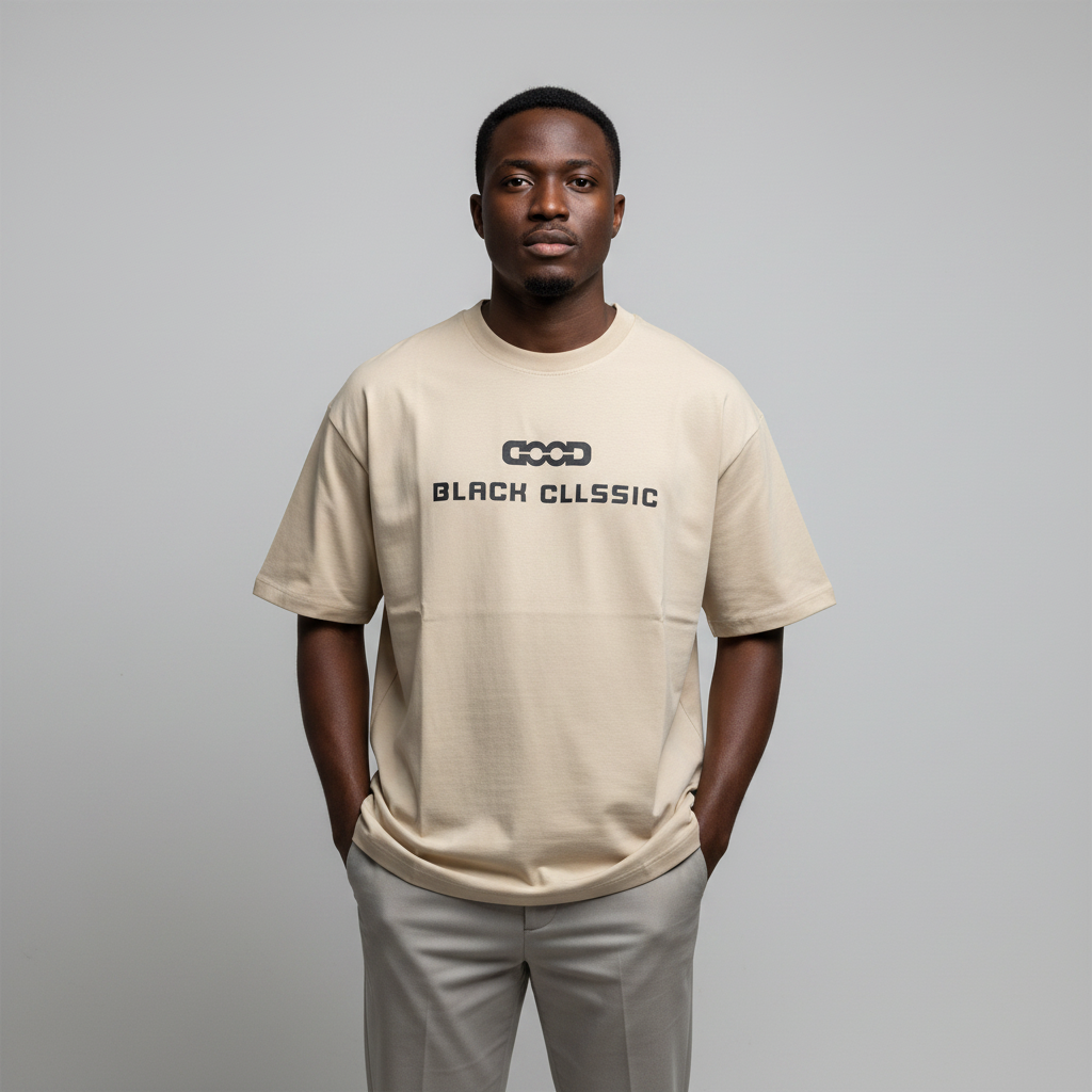 Model wearing the beige block text graphic t-shirt