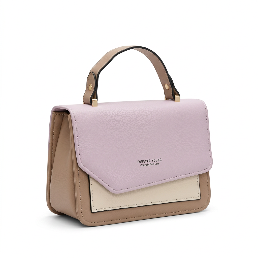 Pale lilac taupe and cream colour-block top-handle bag on white