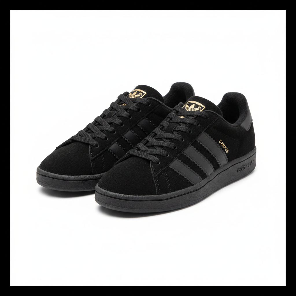 Men's triple black suede campus sneakers ghost mannequin front view