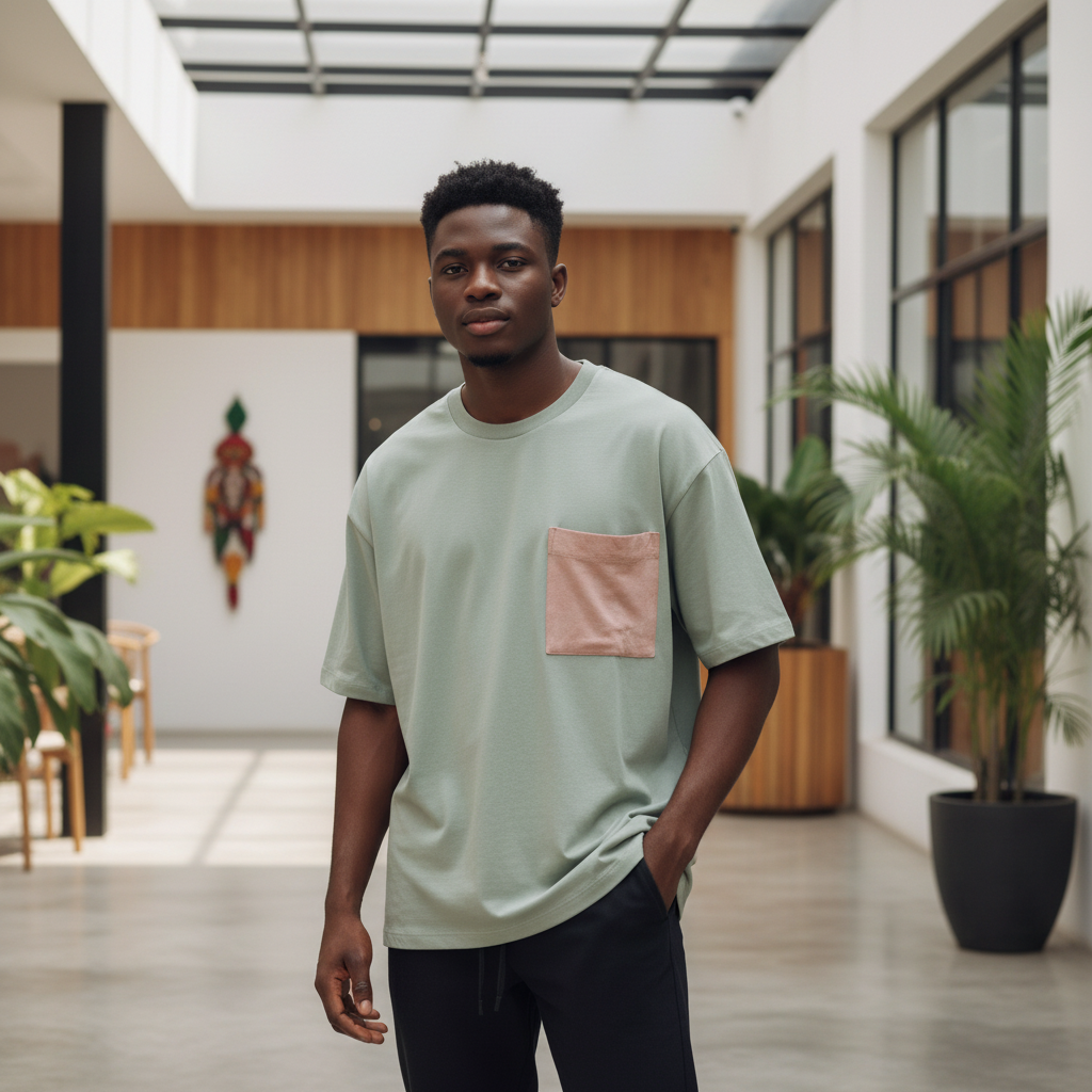Nigerian male model wearing sage green oversized t-shirt with dusty rose contrast pocket