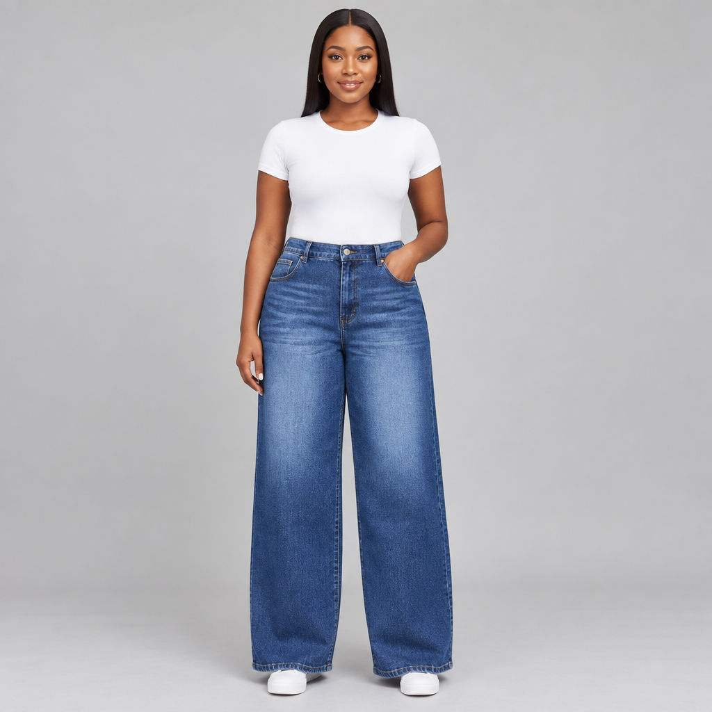 Nigerian woman wearing mid-blue wide-leg jeans against a plain studio background