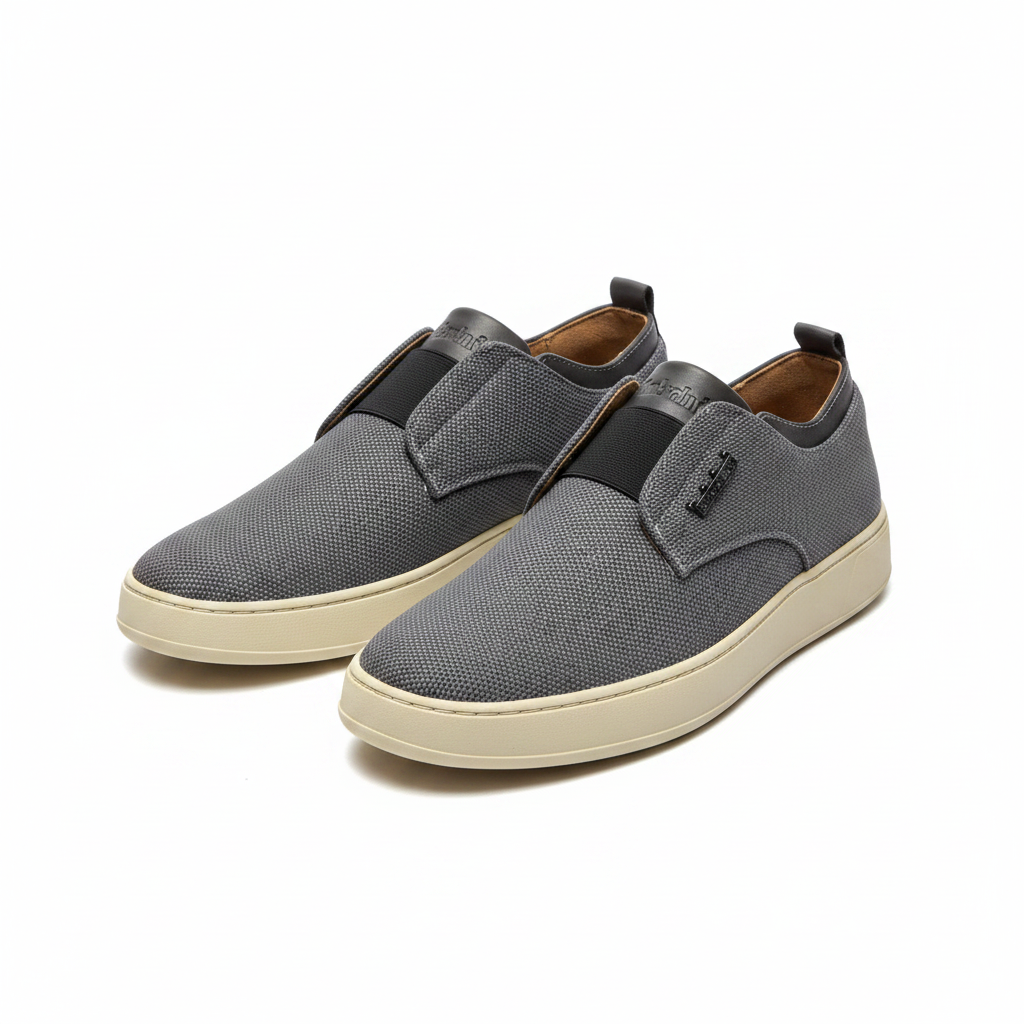 Pair of grey woven mesh slip-on sneakers with cream gum sole on a white background