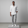 Nigerian male model wearing white grey pinstripe long-sleeved shirt, front view