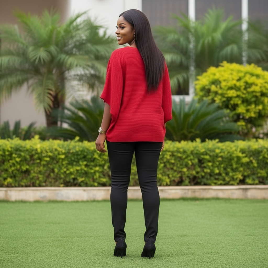 Nigerian female model wearing red rhinestone wave batwing knit top - back view