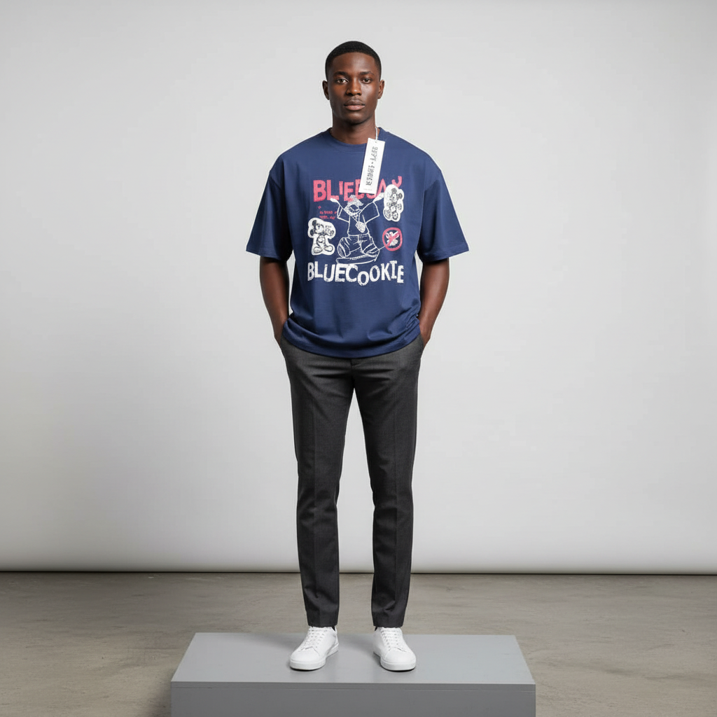 Nigerian male model wearing navy blue cartoon graphic short-sleeved shirt, front view