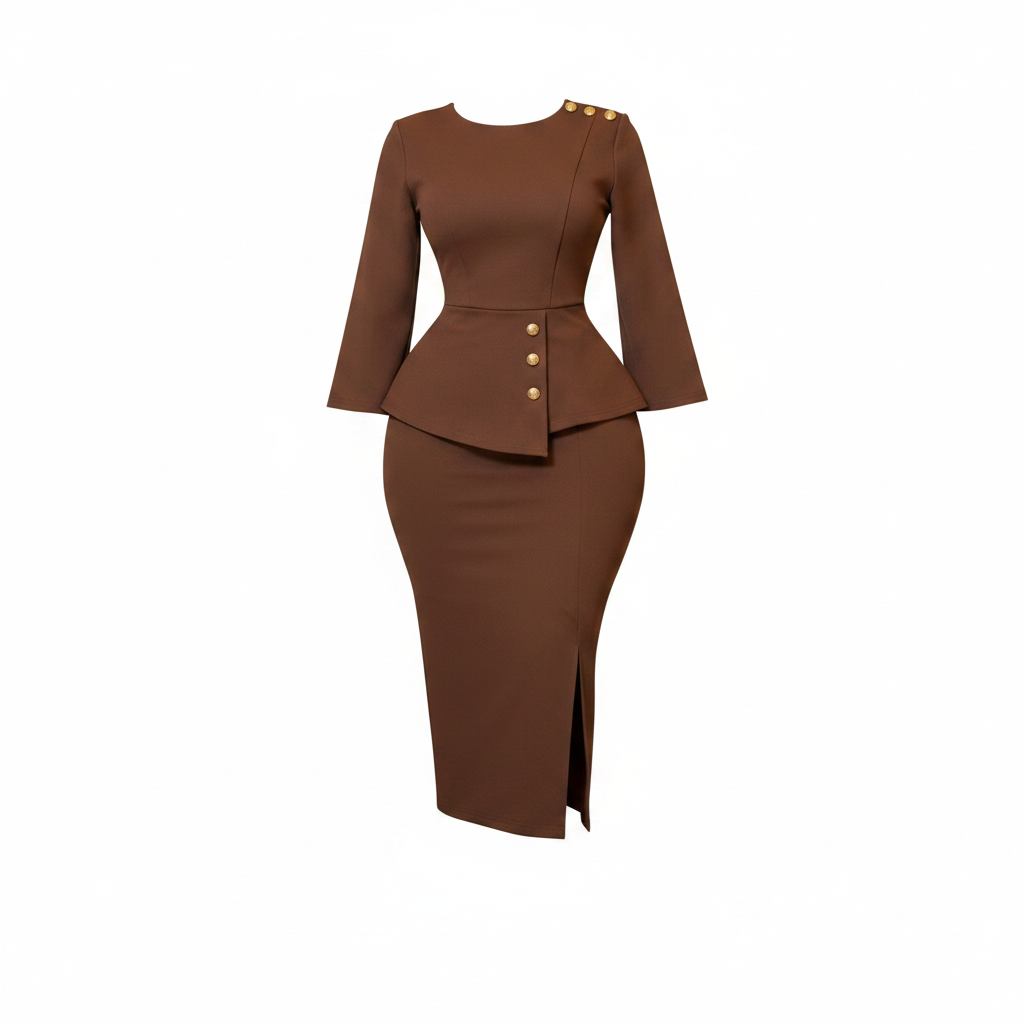 Women's brown structured peplum gold button co-ord set – ghost mannequin front view