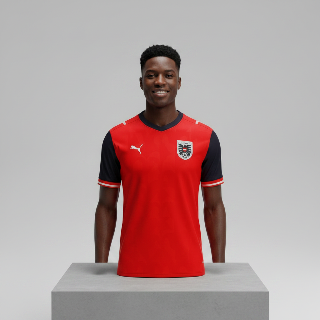 Nigerian male model wearing red navy two-tone football jersey on concrete plinth