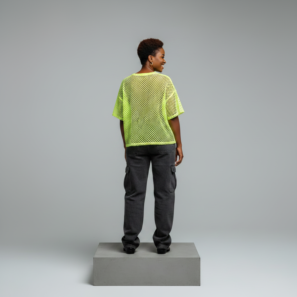 Nigerian female model back view - neon yellow mesh Courage Hope graphic top