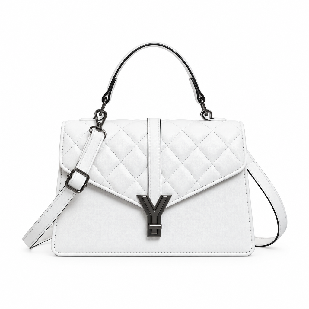 White quilted top-handle handbag with dark clasp and long strap
