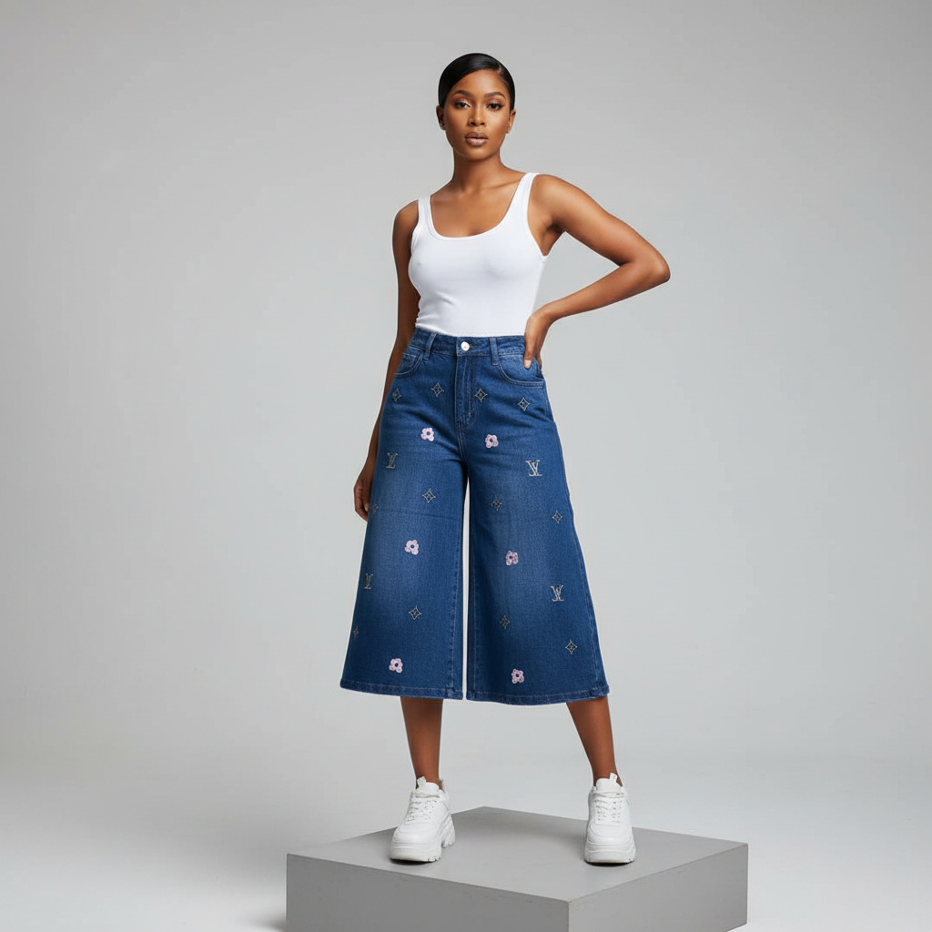 Nigerian female model wearing blue monogram wide-leg denim shorts